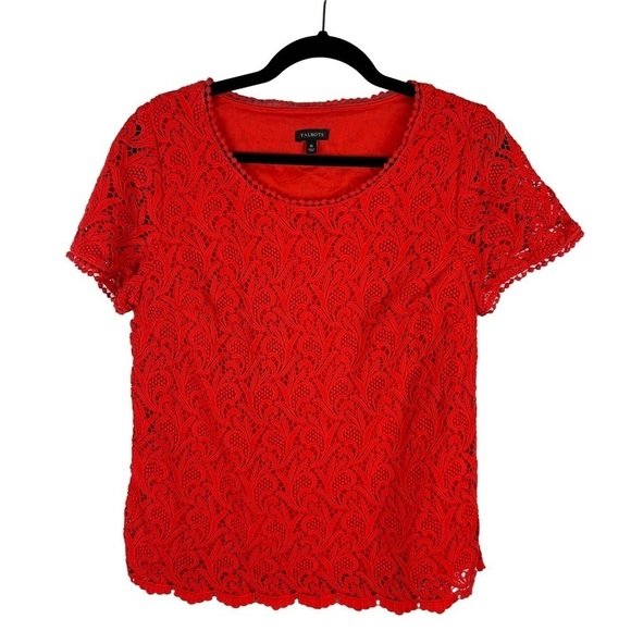 Talbots Lace Crochet Pom Cotton Short Sleeve Top Size 10 Vermilion - Picture 1 of 14